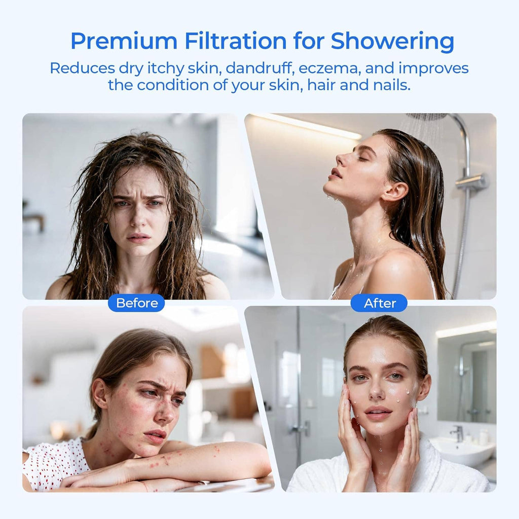 Filtered shower experience with showerhead spraying water for improved hair and skin comfort