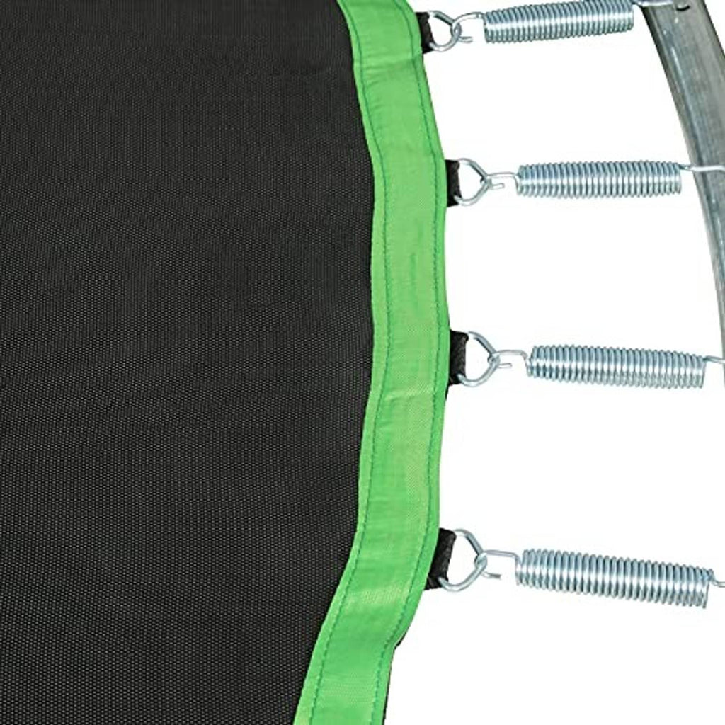 Trampoline mat edge with several metal springs and hooks attached to frame