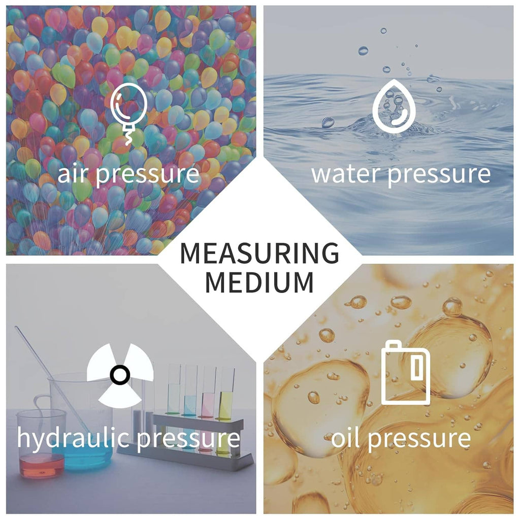 Pressure gauge measuring mediums graphic with air, water, hydraulic and oil icons