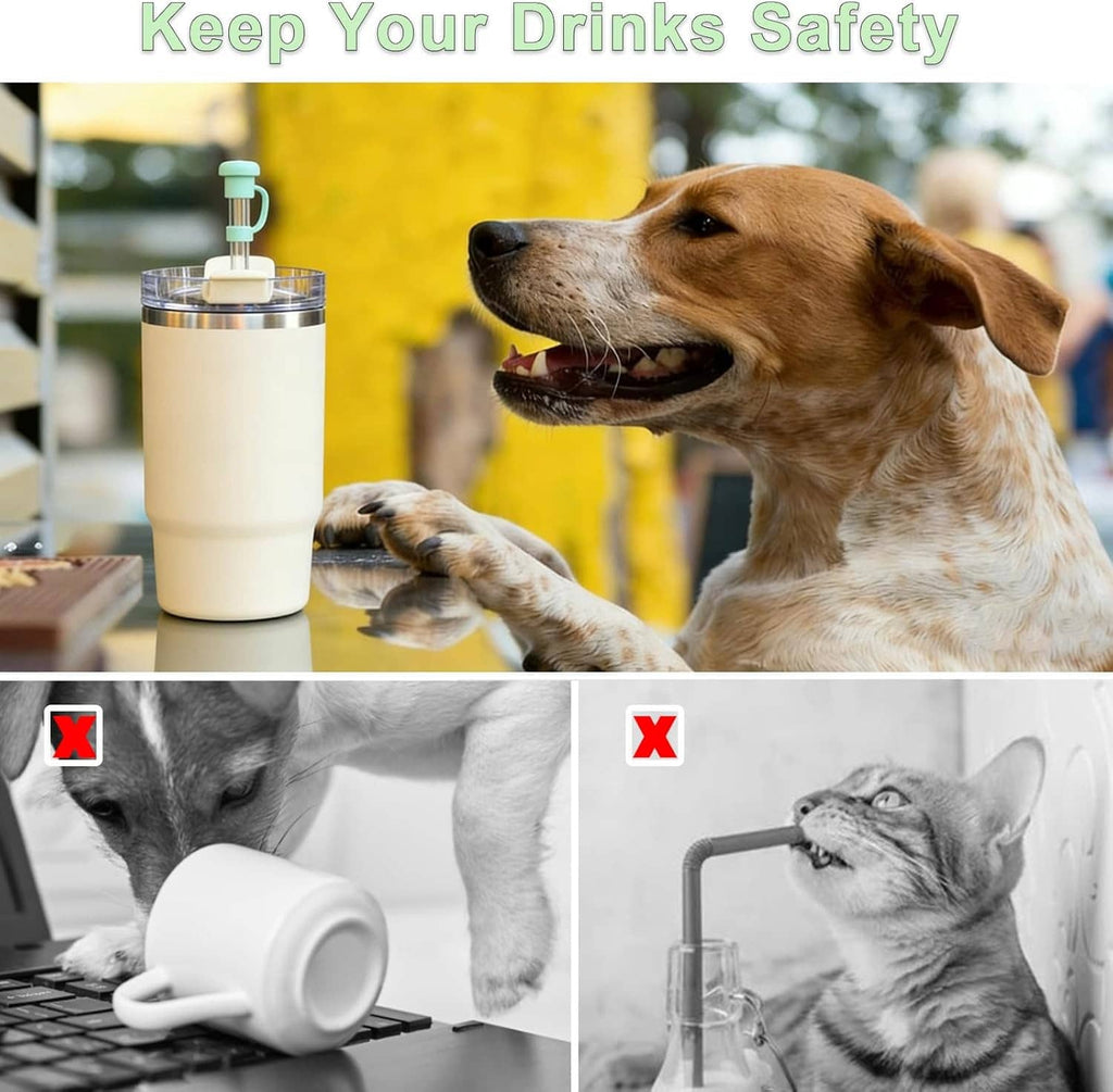 Silicone straw cover topper on white cup for pet-safe sipping