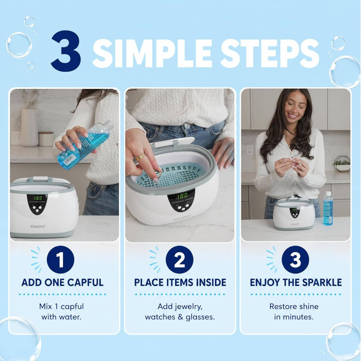 Ultrasonic jewelry cleaning solution concentrate shown with countertop cleaning machine