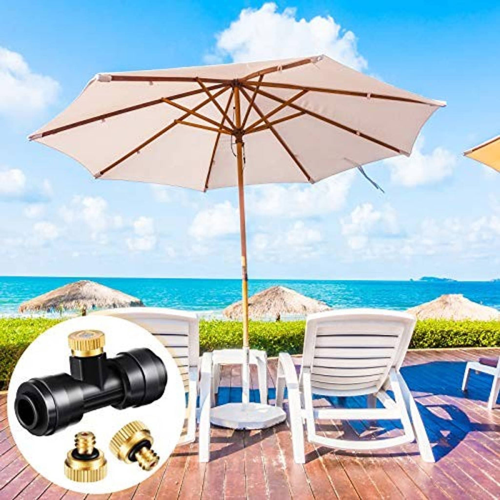 Close-up inset of black misting nozzle tee and brass fittings (connection kit)