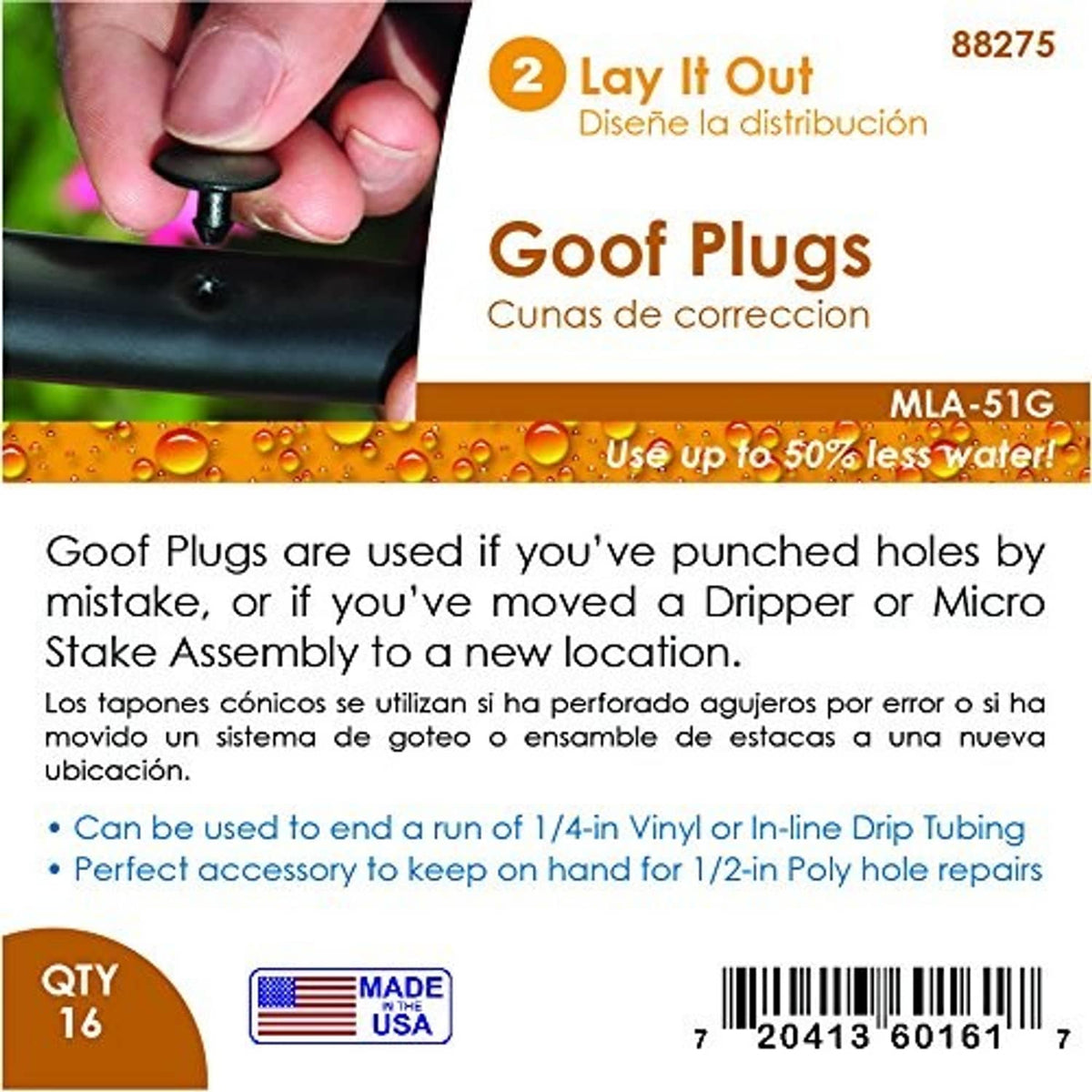 Drip irrigation goof plugs product card with MLA-51G label