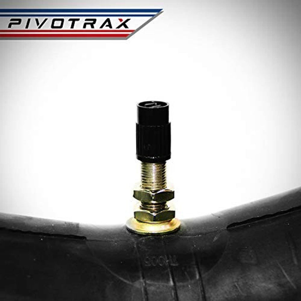 Black TR4 valve stem on a motorcycle inner tube, close-up.