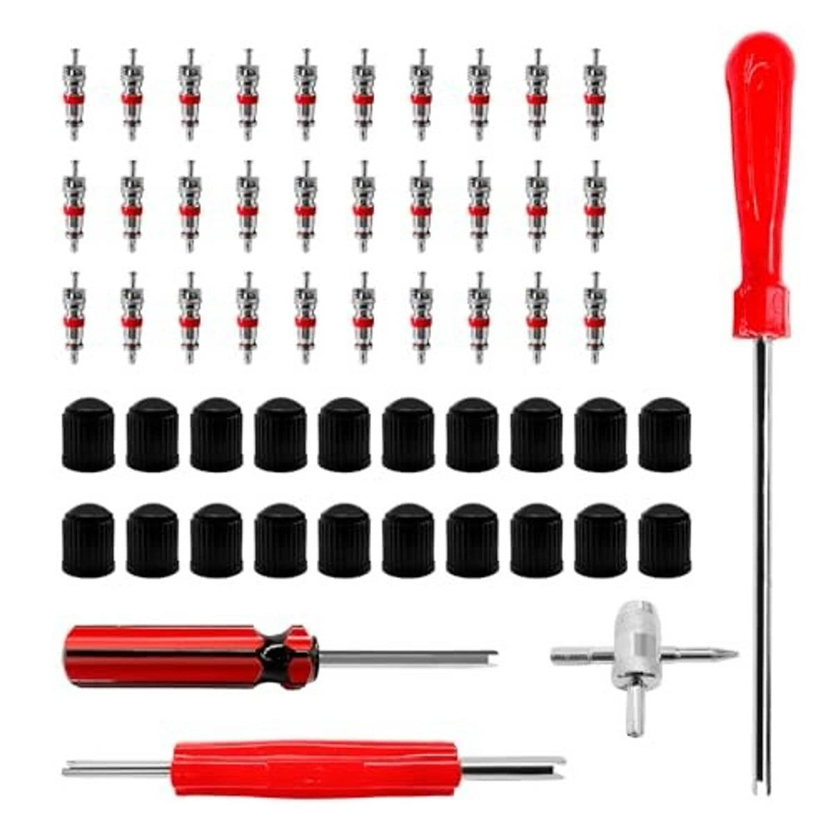 Tire valve stem removal tool kit set with red-and-silver extractor rod and black caps