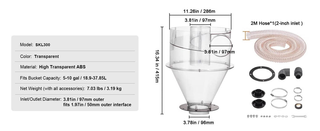 Clear ABS cyclone dust separator with measurements plus hose, rings, and mounting parts