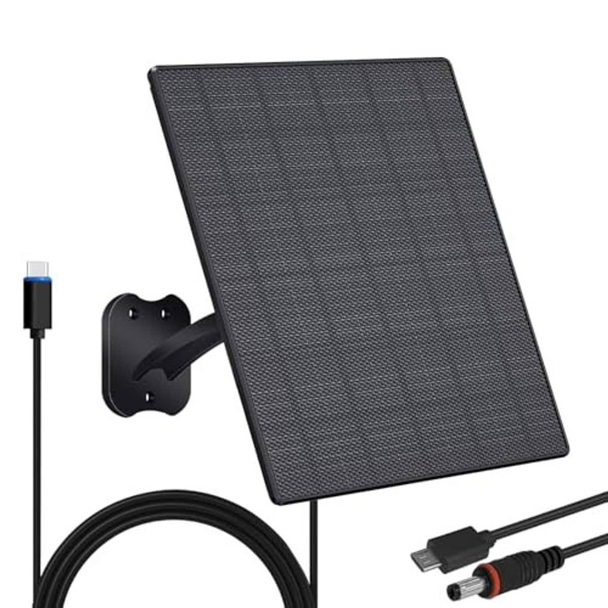 Dark solar panel with wall mount bracket and USB cable connectors