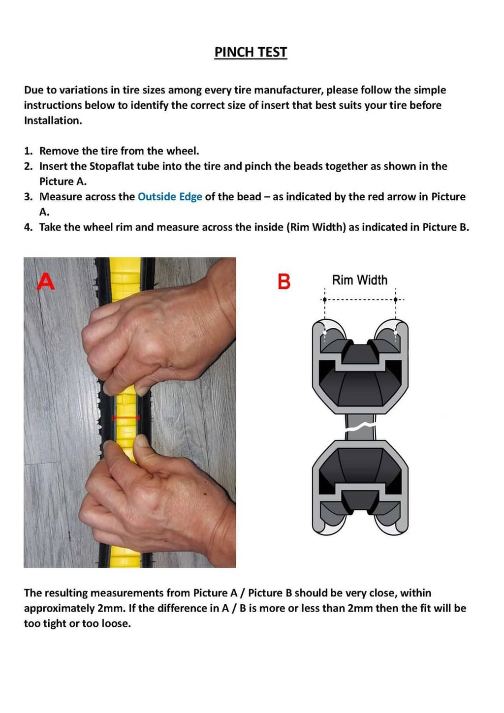 Stop-a-flat pinch test diagram for measuring rim width within tolerance limits.