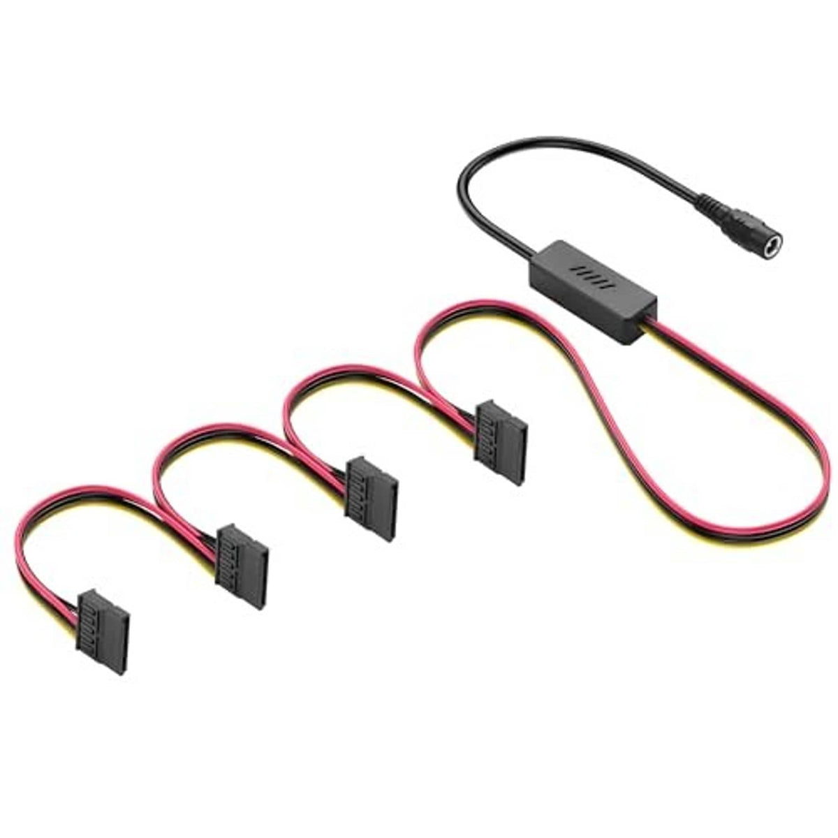 DC 5.5x2.5mm to SATA power cable with multiple SATA connectors and black splitter housings