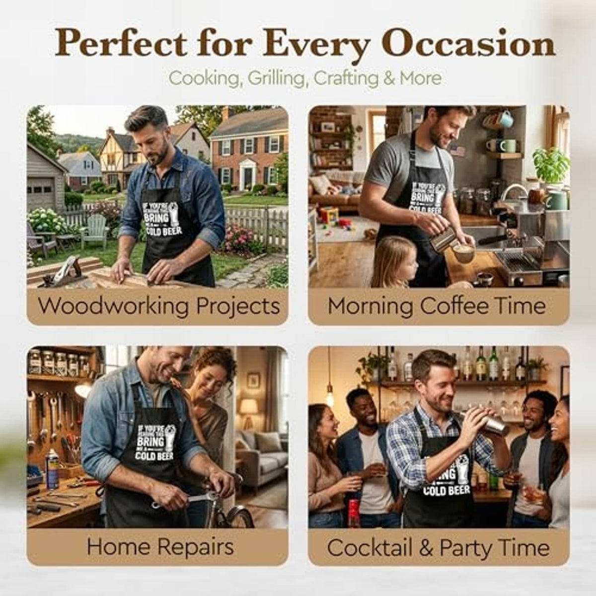 Black BBQ apron shown on people indoors; beer mug text graphic on the front
