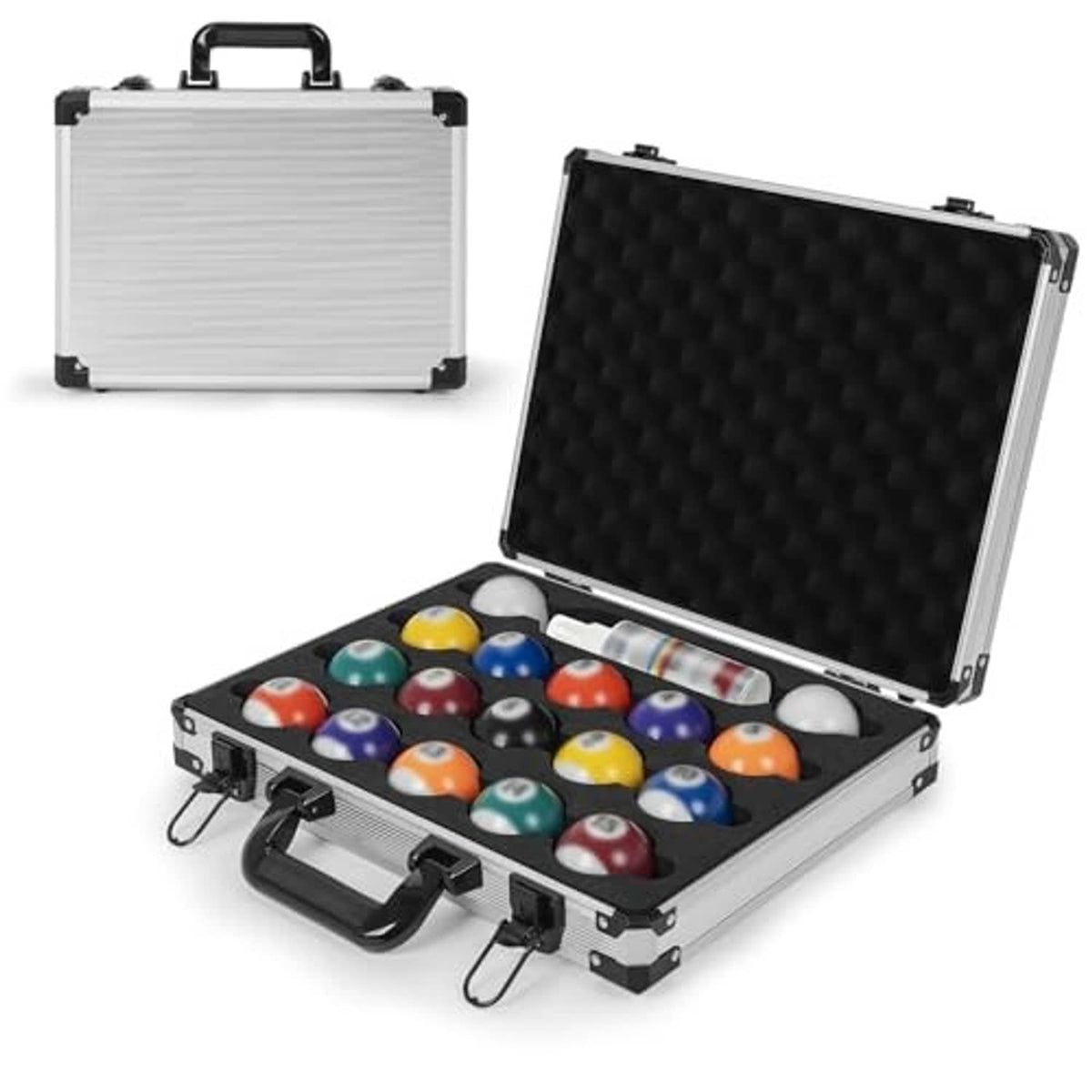 Hard-shell pool ball carrying case with handle, open lid showing ball set in trays
