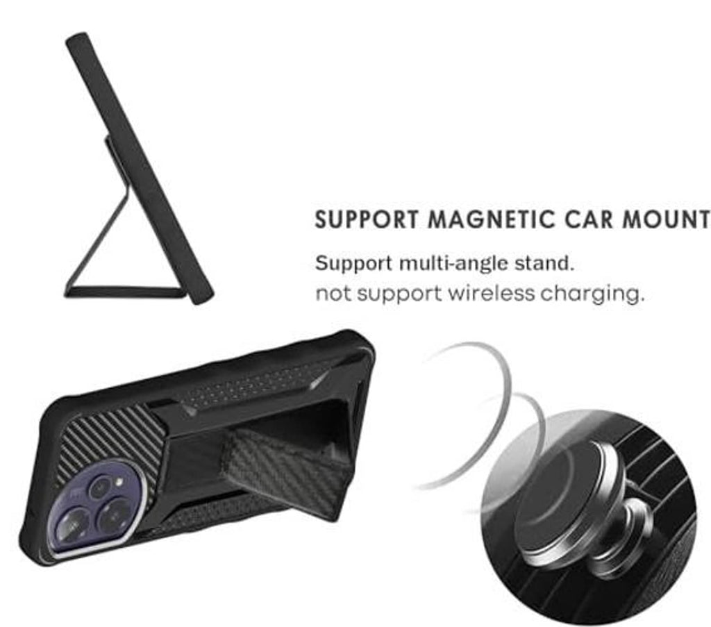 Black rugged phone case with kickstand-style support and magnetic car mount piece
