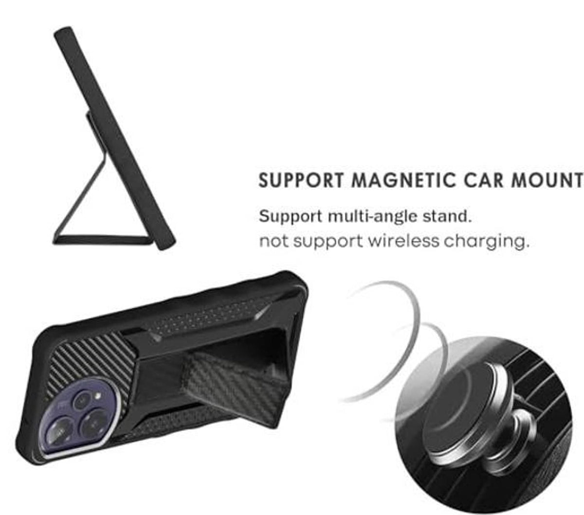 Black rugged phone case with kickstand-style support and magnetic car mount piece