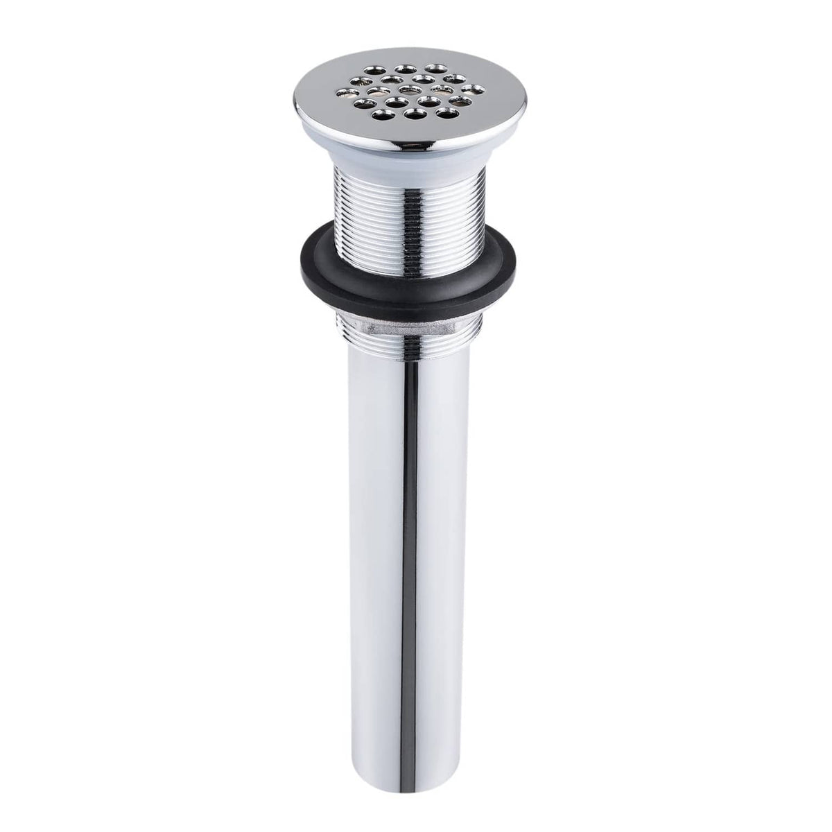 Chrome sink grid drain strainer assembly with perforated round cover and threaded body