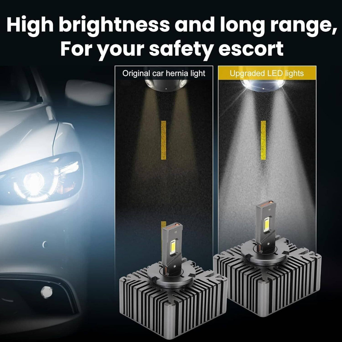 LED headlight bulb pair with aluminum heat sinks and bright LED modules