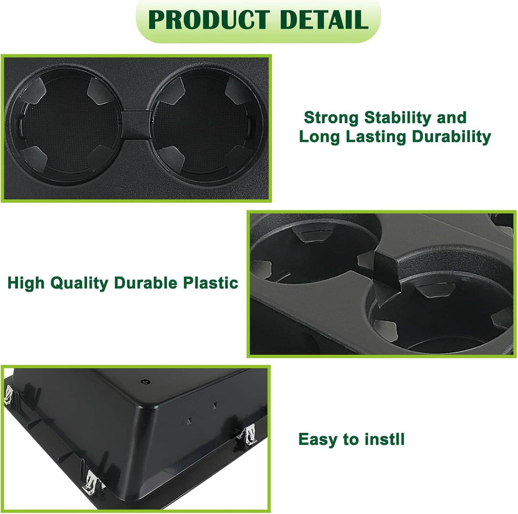 Close-up of four-cup holder bezel with durable plastic cup recesses