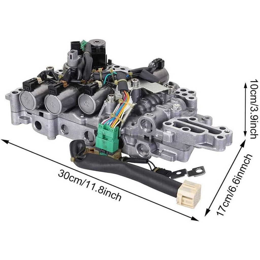 CVT transmission valve body with solenoids and wiring harness, side view with connector plugs.