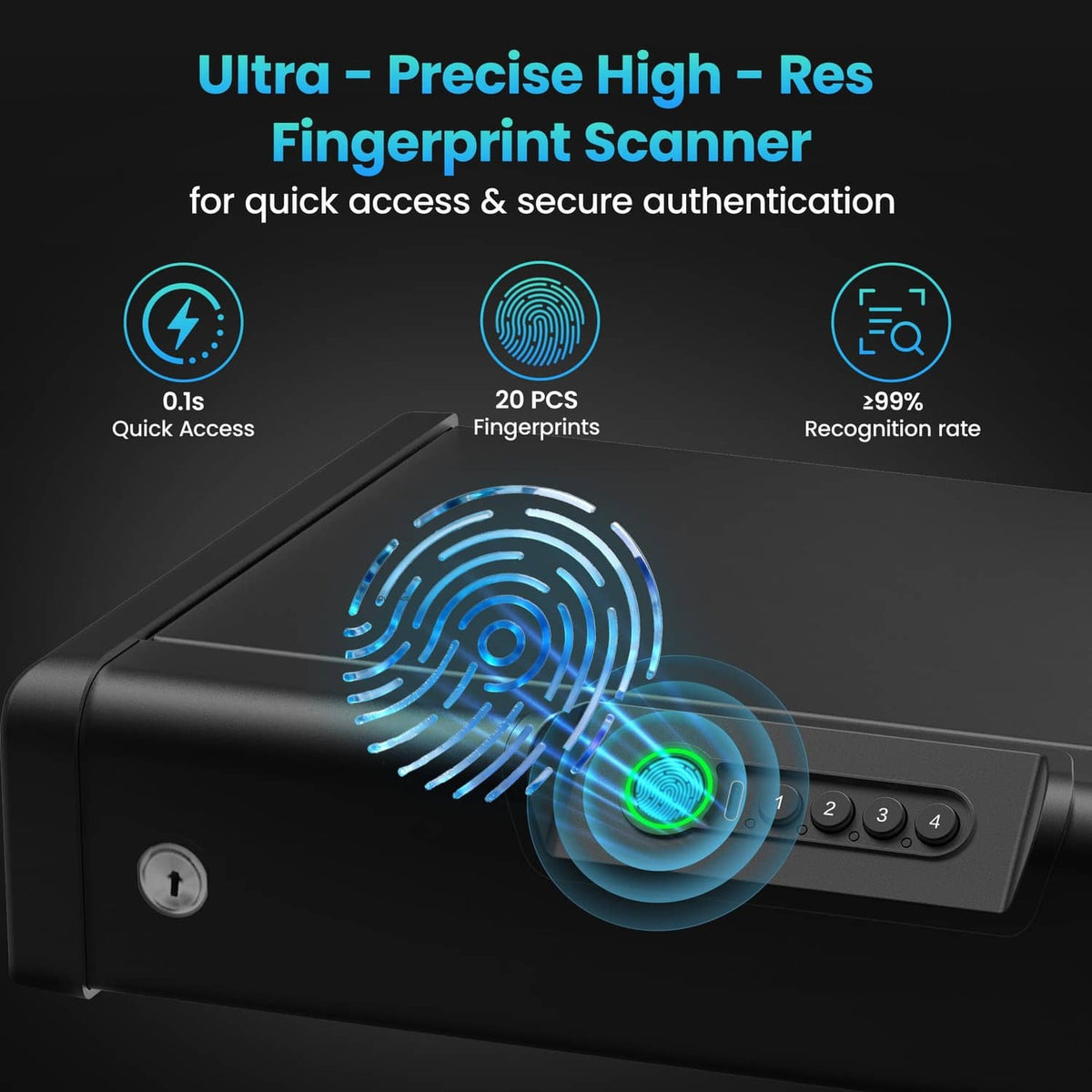 Black biometric handgun safe with illuminated fingerprint scanner and keypad