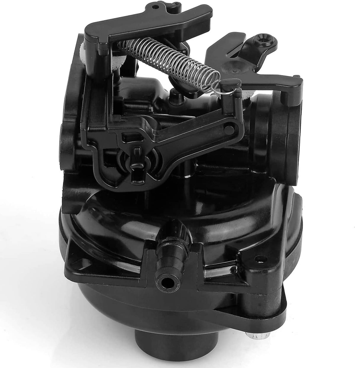 Black small-engine carburetor assembly with return spring and linkage, angled top view