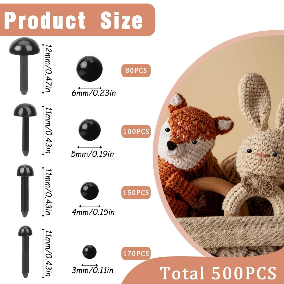Black safety eyes 3–6mm with peg backs; 80, 100, 150, 170 pieces shown