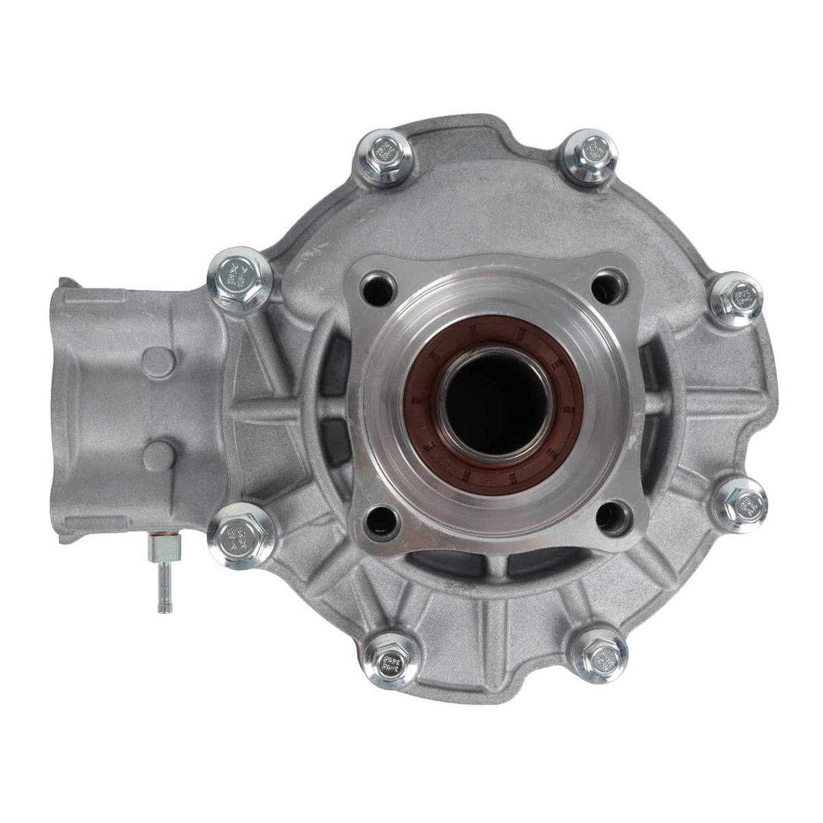 Rear differential gear case front plate view with four bolt corners and central seal