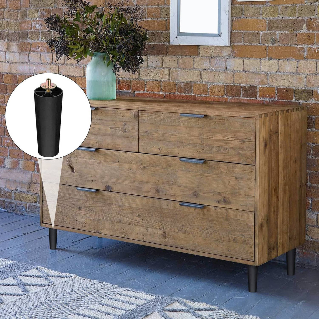 Black 6-inch furniture legs supporting a wooden dresser