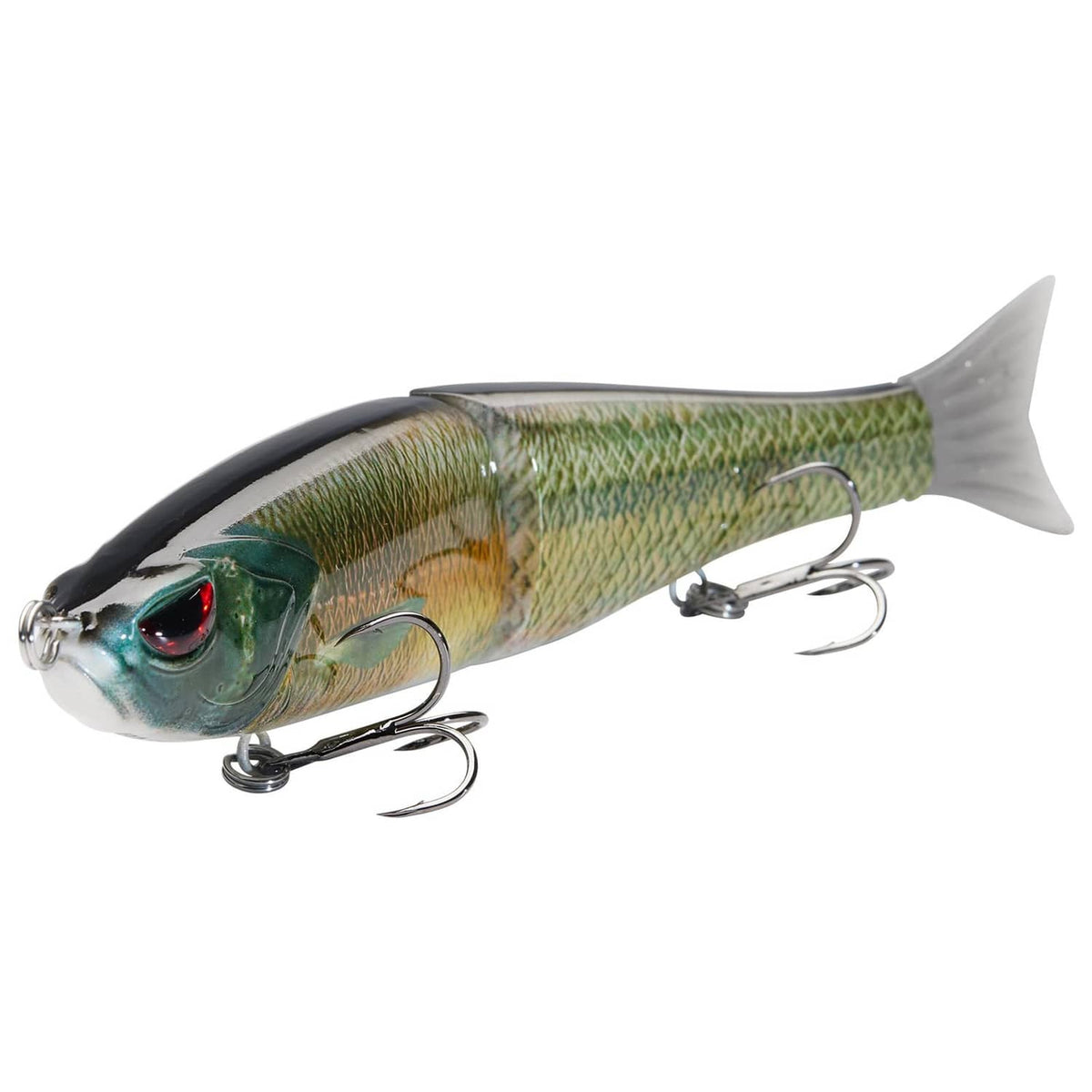 Green-gold glide bait with red eye and treble hooks, side profile