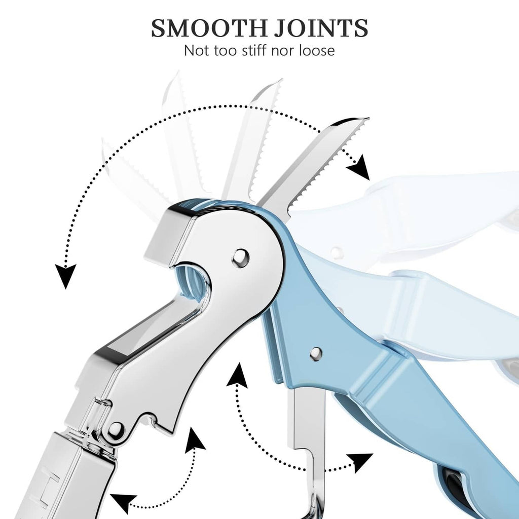 Close-up of sky blue waiter corkscrew handle and metal hinge joint