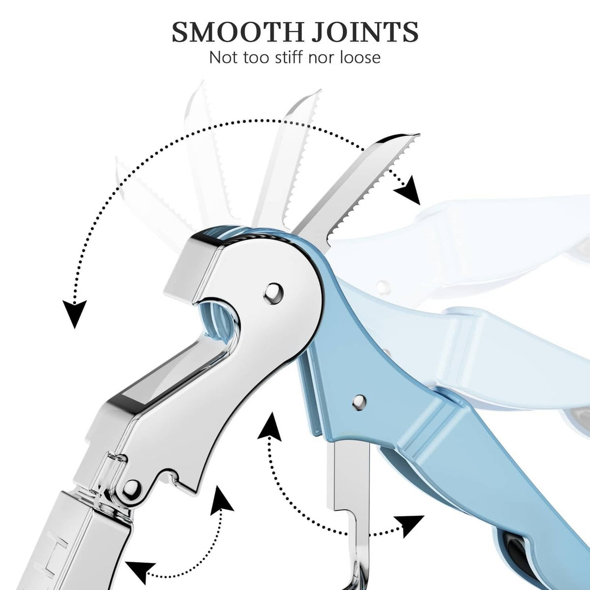 Close-up of sky blue waiter corkscrew handle and metal hinge joint