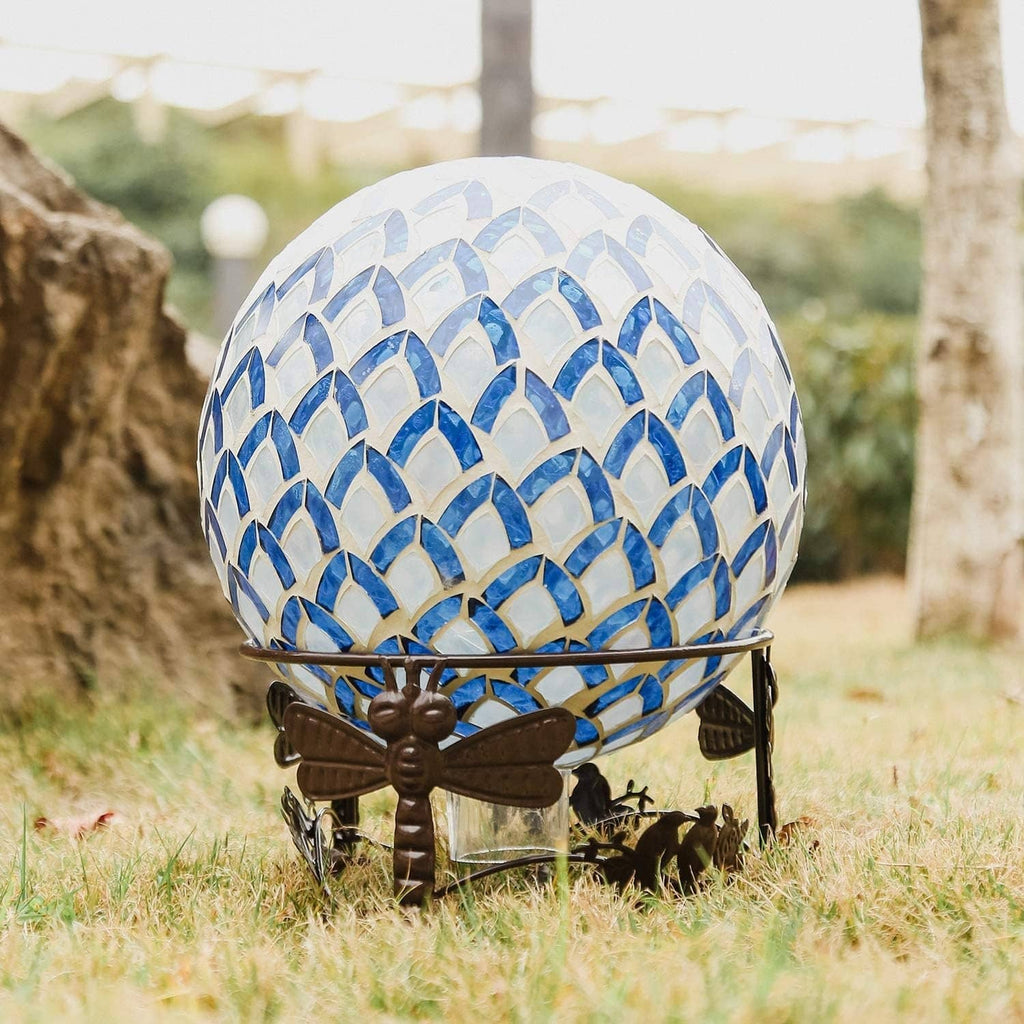 Metal gazing ball stand holding a blue mosaic 10-inch gazing ball.