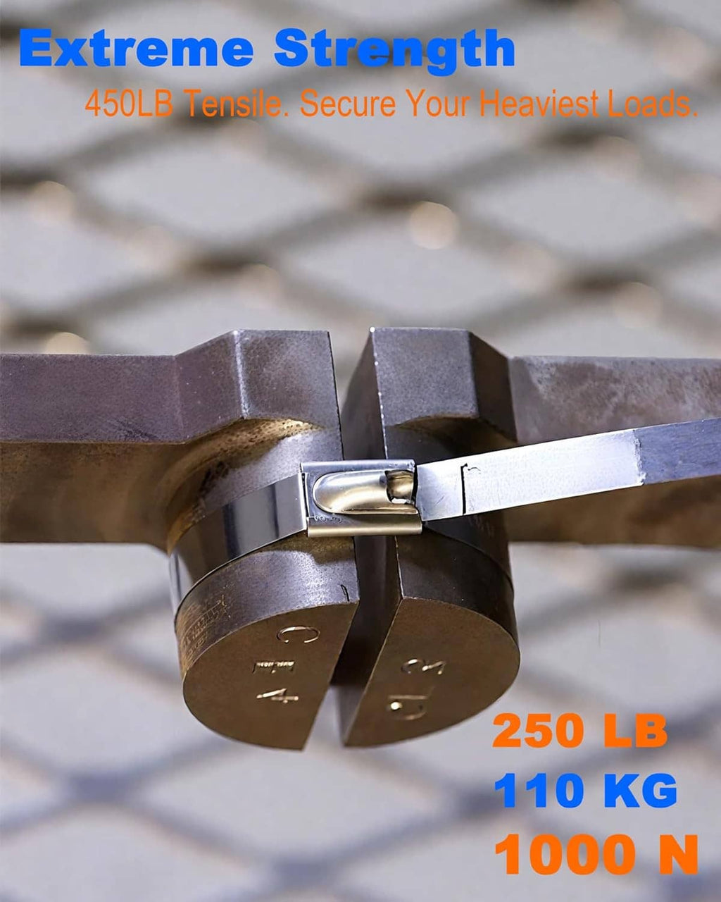 Metal zip tie fastening a bundle with stainless locking head and serrated strap