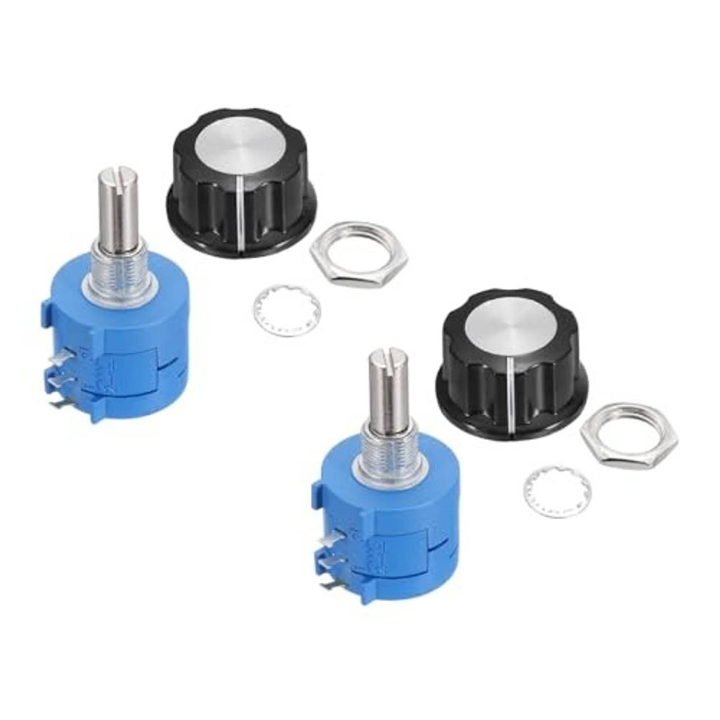 Rotary multi-turn potentiometer set with blue body, black knob, screw, nuts