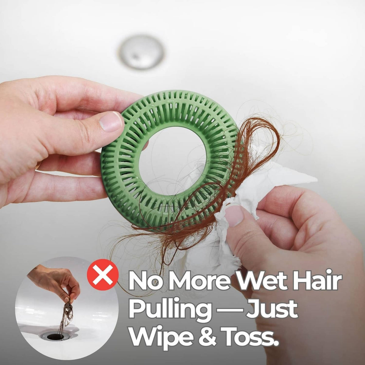 Sage green drain hair catcher held over the pop-up drain with loose hair