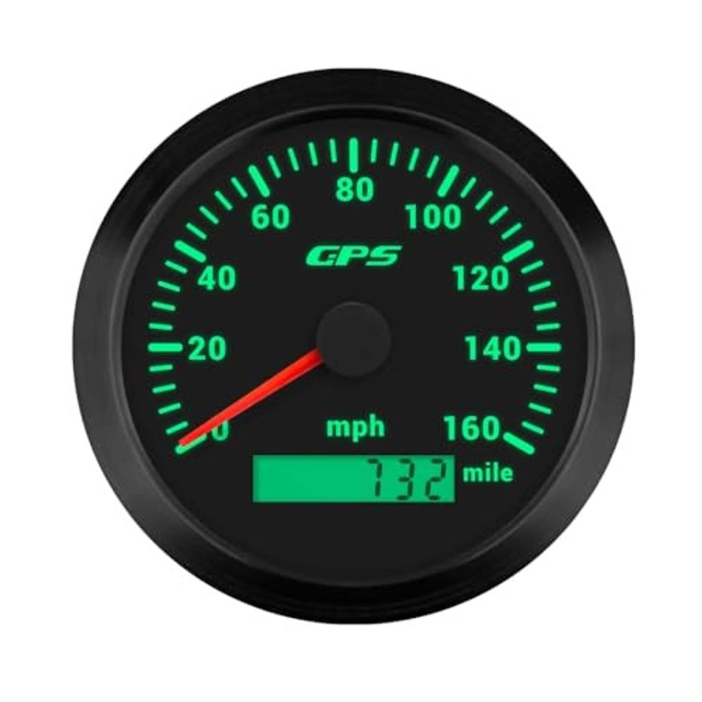 Round GPS speedometer gauge with green backlight, mph dial and mileage display