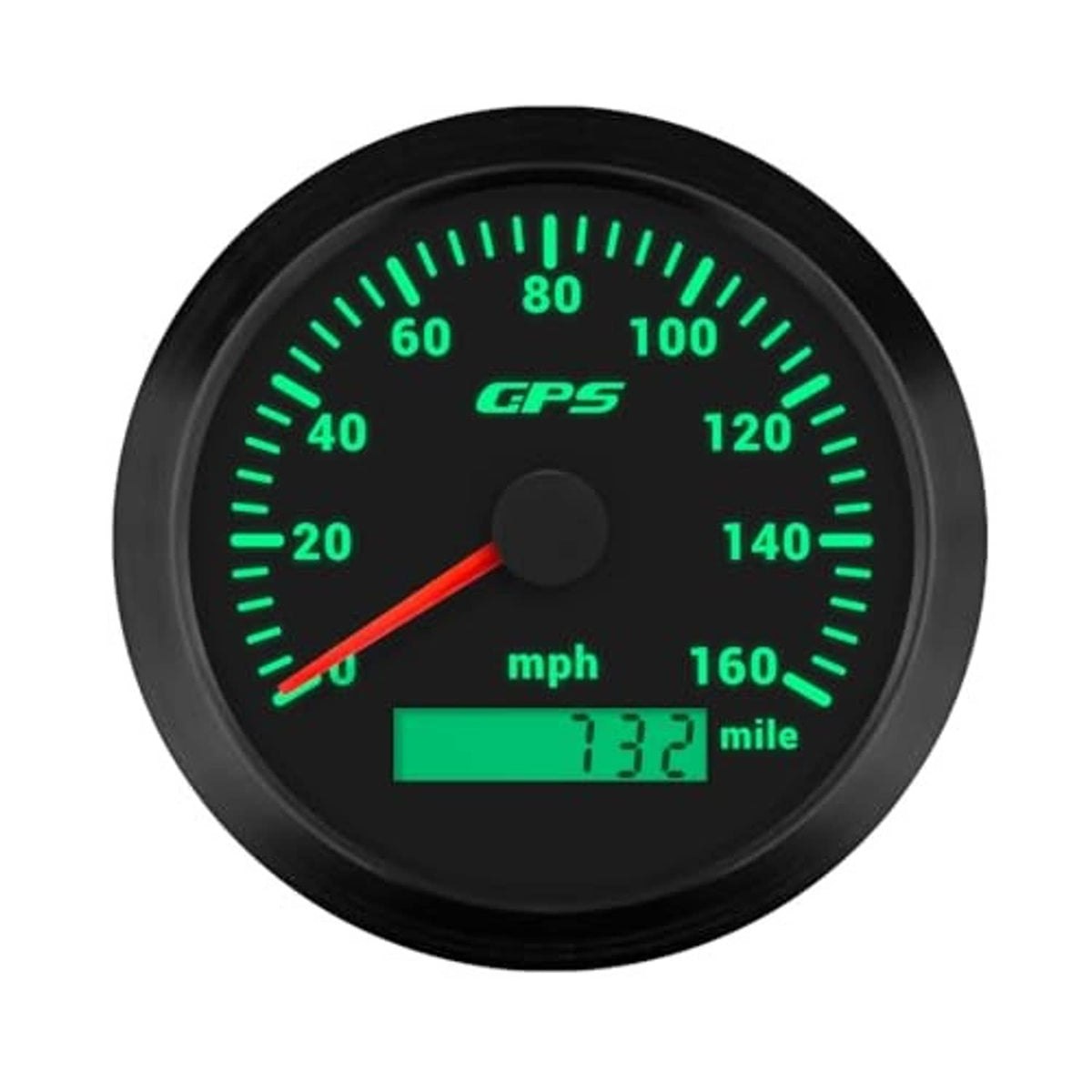 Round GPS speedometer gauge with green backlight, mph dial and mileage display