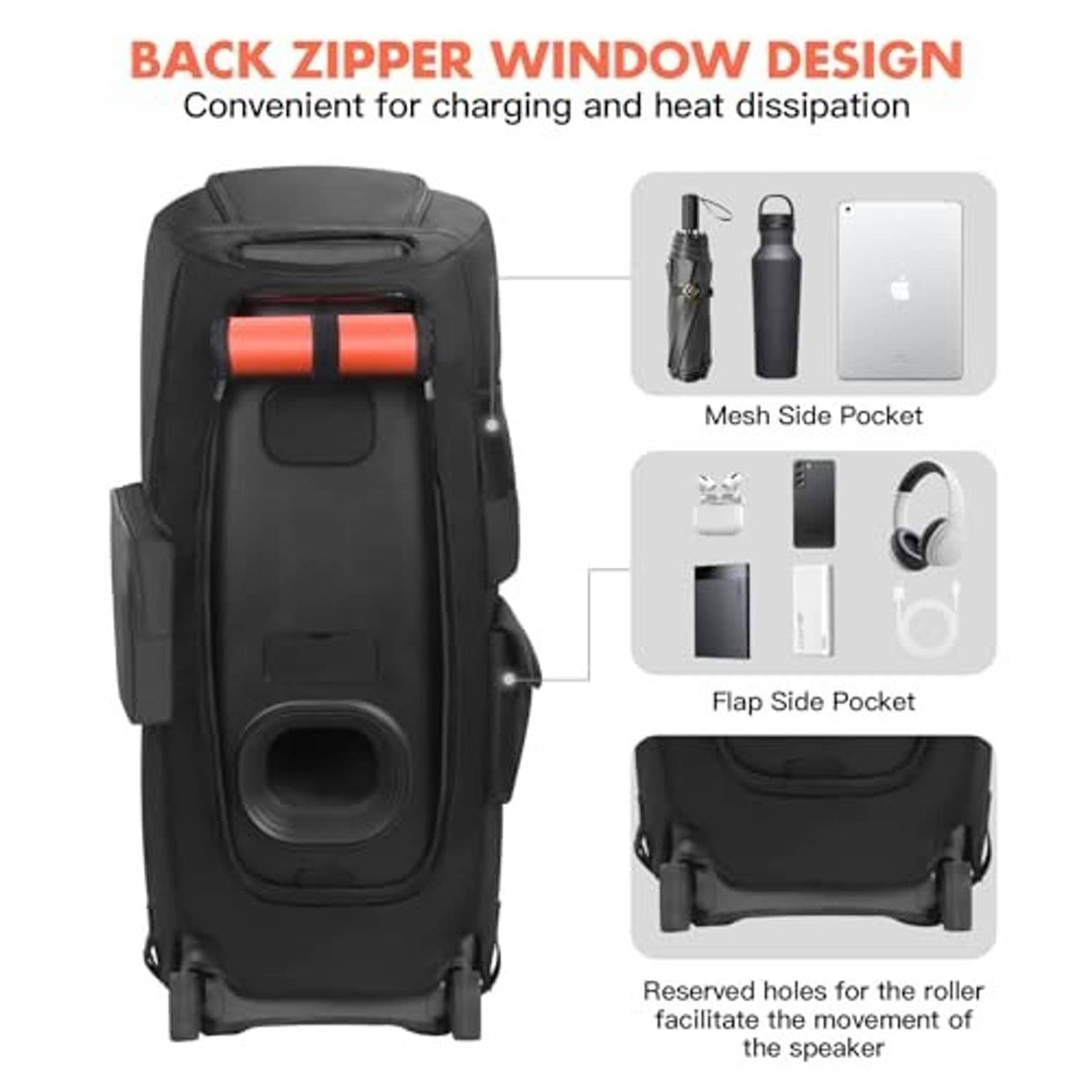 Black speaker case with back zipper opening, mesh side pocket, and roller holes