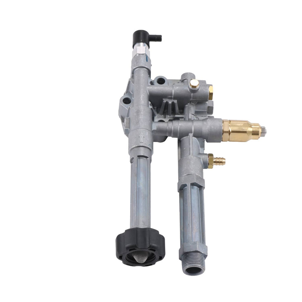 Pump head assembly with brass fittings, gray body, and black adjustment cap