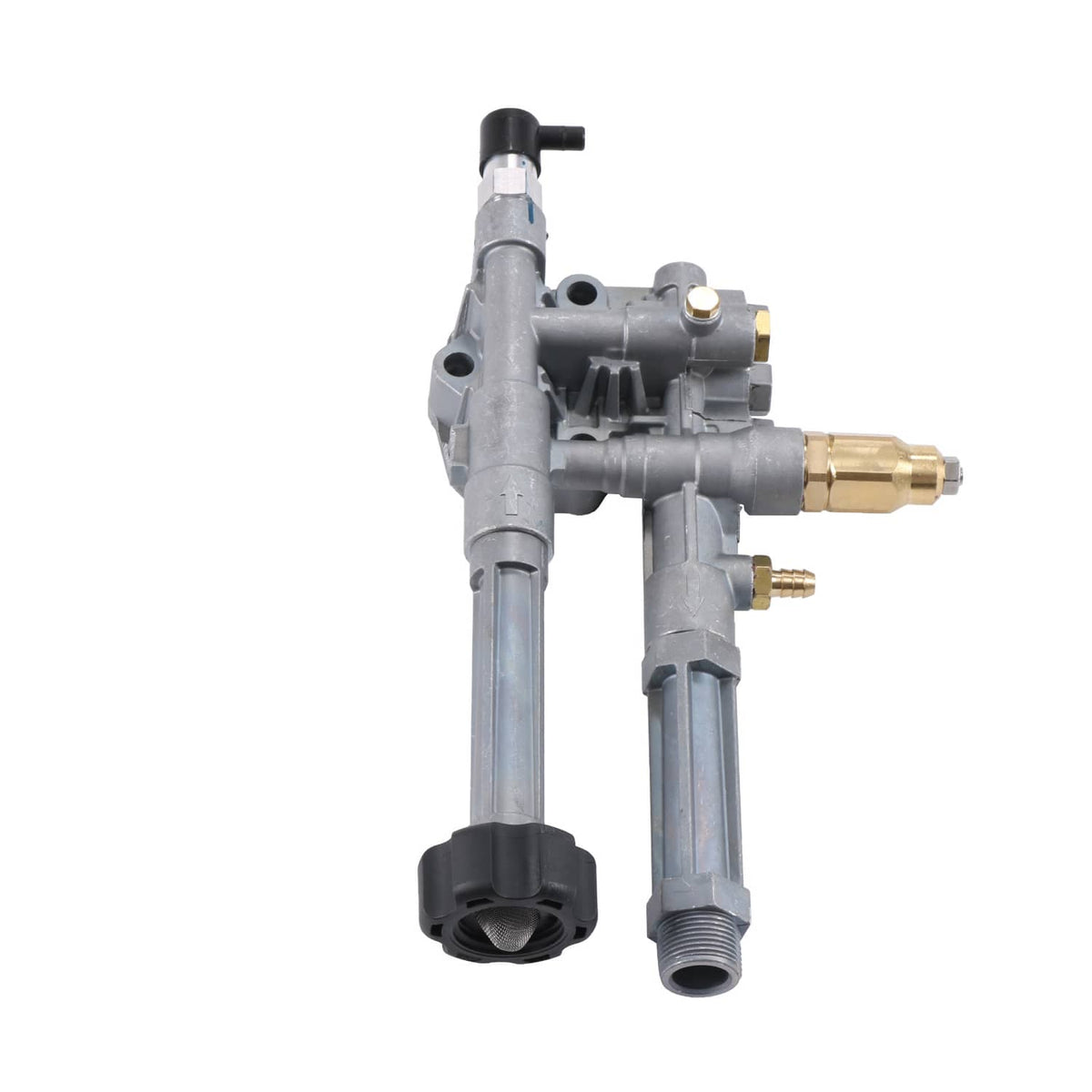 Pump head assembly with brass fittings, gray body, and black adjustment cap