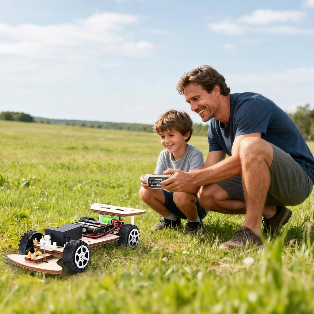 Wooden remote racing car STEM kit outdoors with purple remote control
