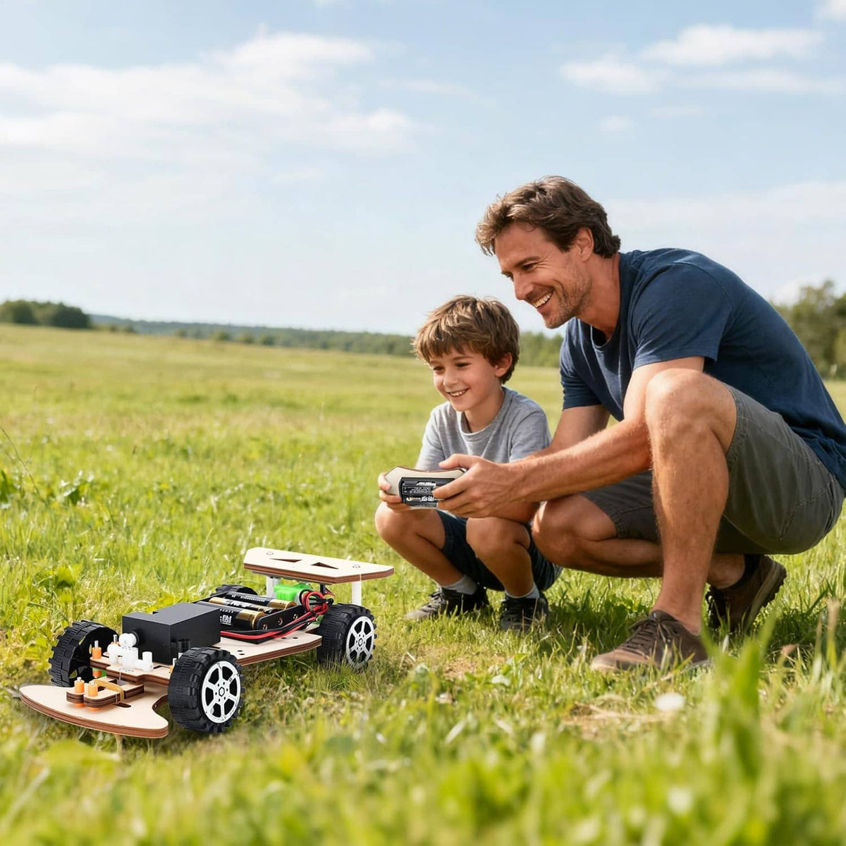 Wooden remote racing car STEM kit outdoors with purple remote control