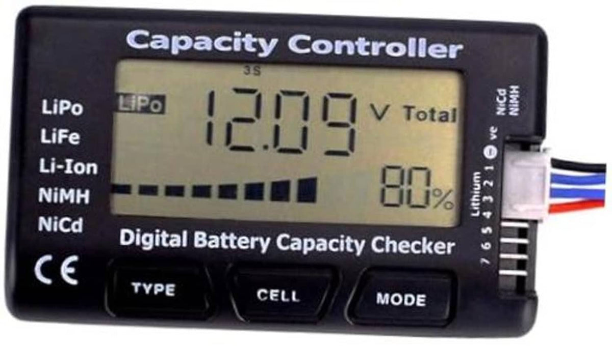 Black digital battery capacity checker controller with LCD screen and three buttons