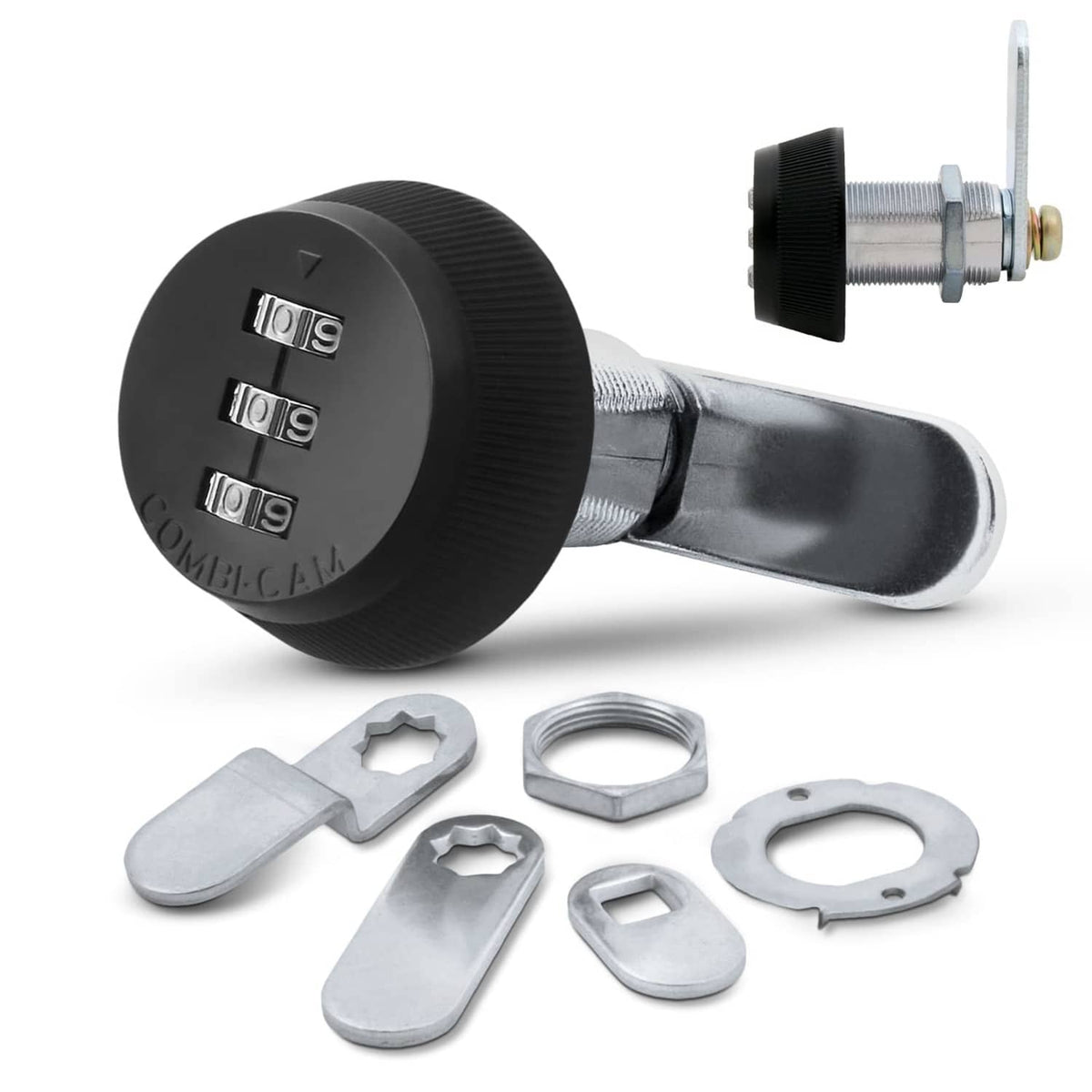 Black 3-dial combination cam lock with keyless number dials and threaded mounting cam