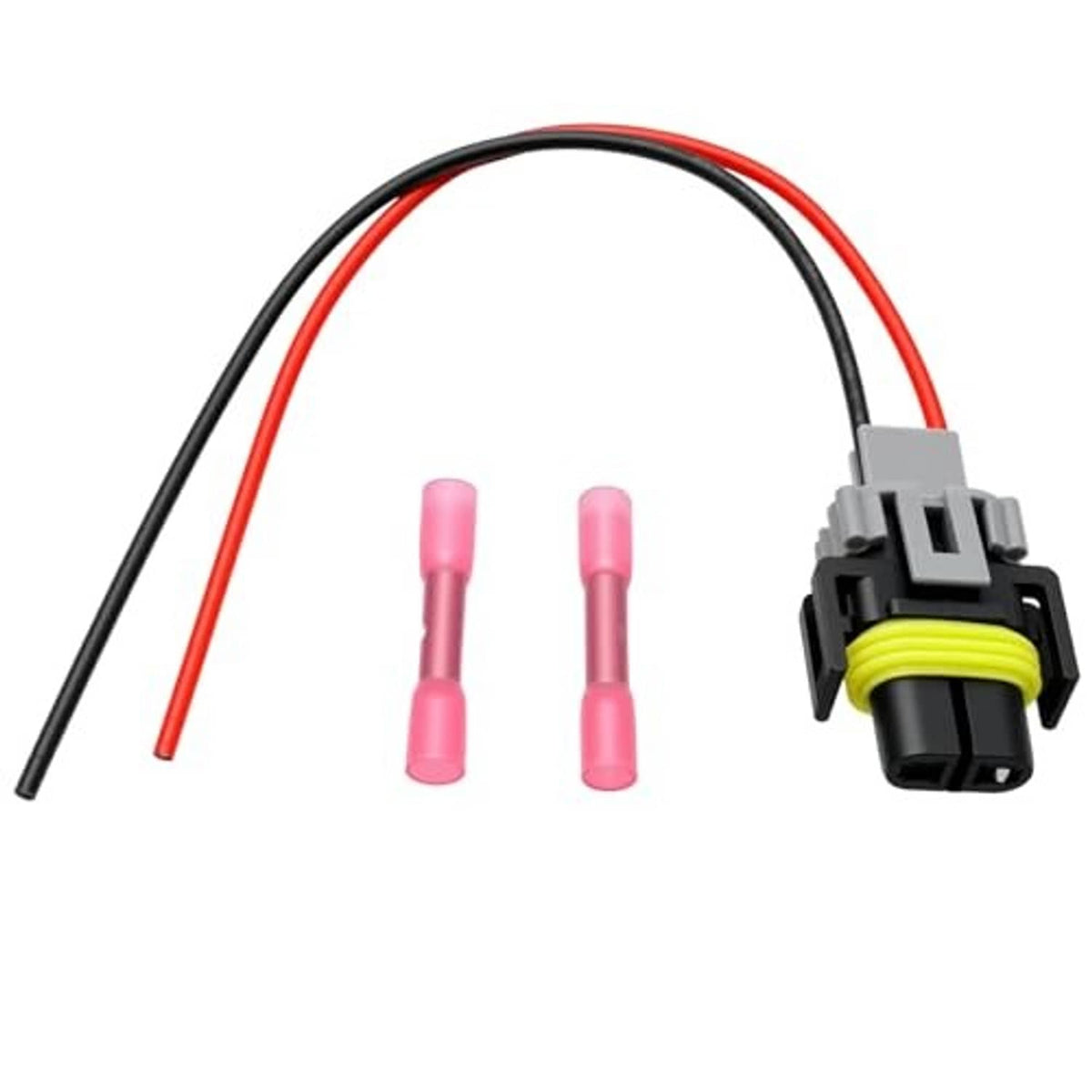 Headlight pigtail connector with black/red wires, gray housing, and yellow retaining ring
