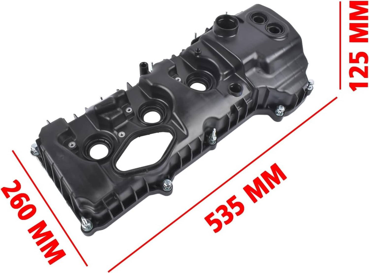 Left-side valve cover assembly in black plastic with port openings and mounting bolts