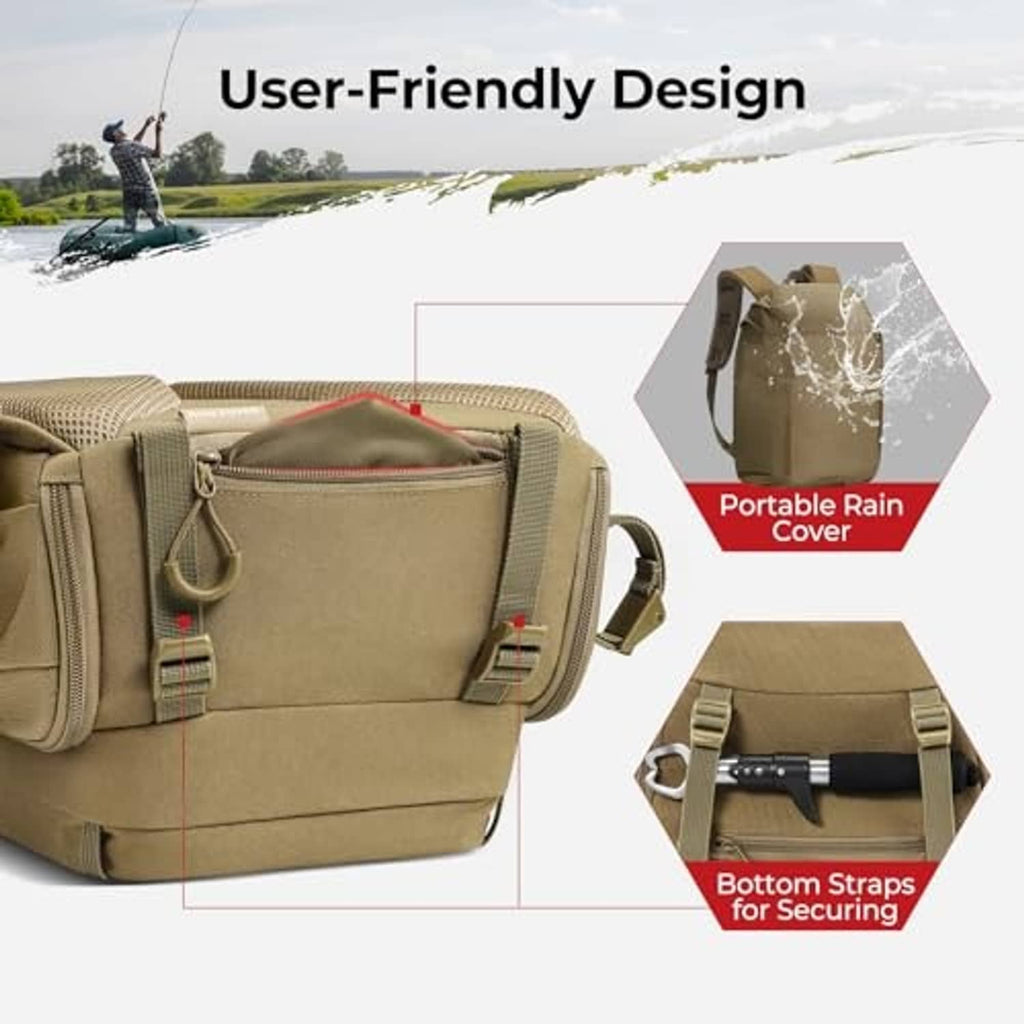 Khaki tackle backpack with textured fabric and sturdy two-way zipper