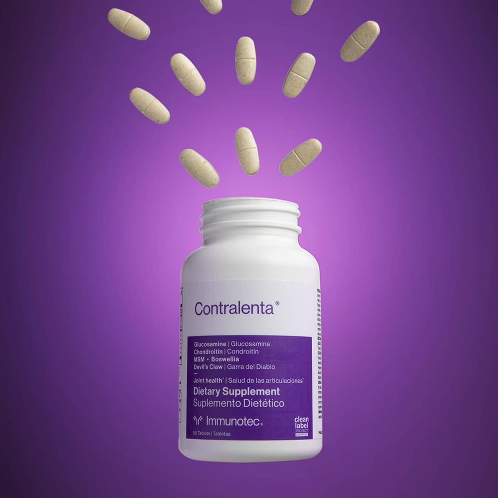 White dietary supplement bottle with purple label and capsules