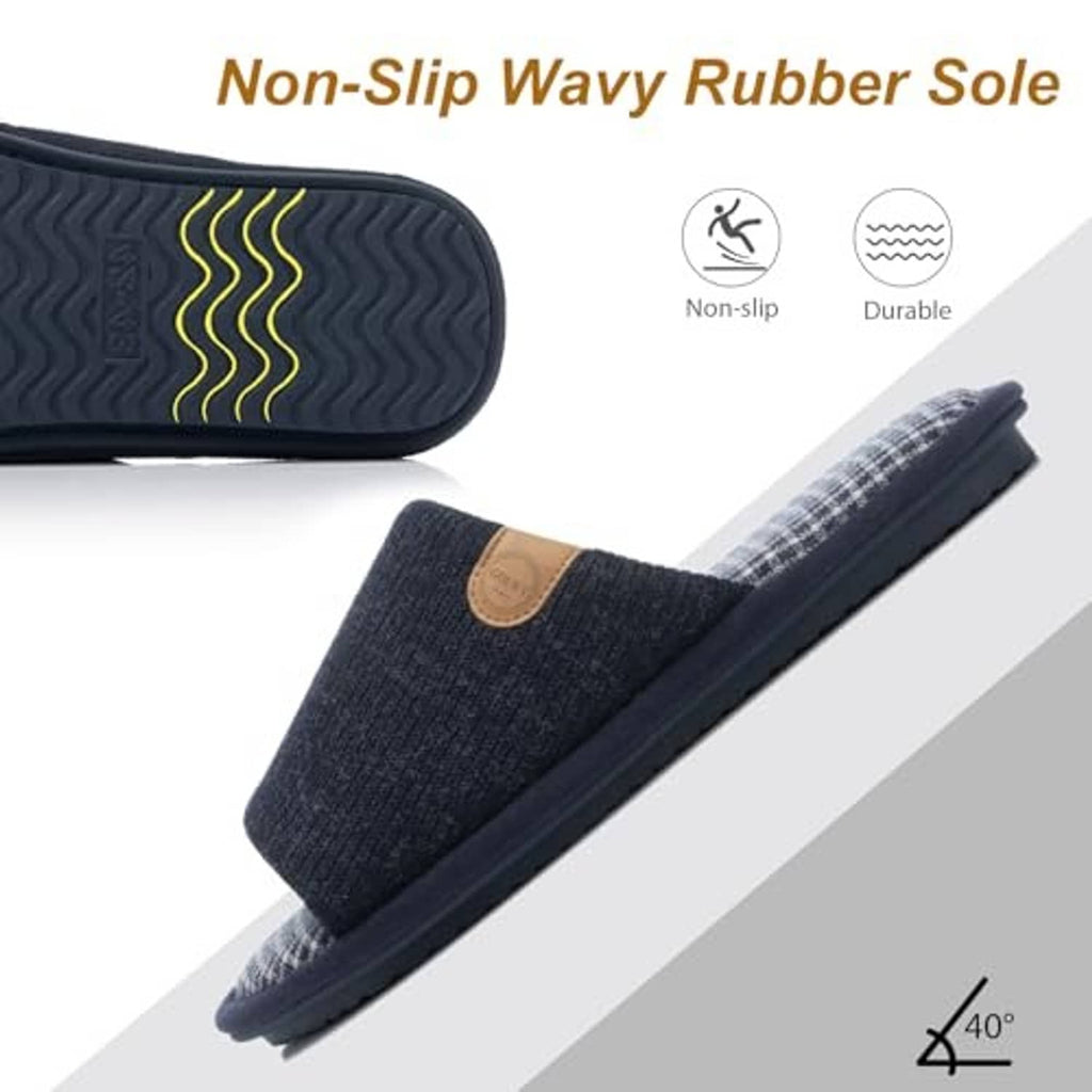 Navy slip-on slippers with wavy rubber sole tread and plaid interior lining