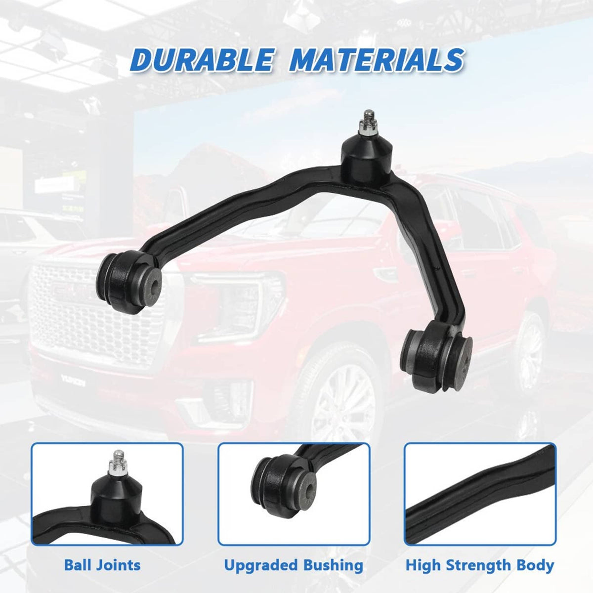 Single black suspension control arm with ball joint and rubber bushing ends