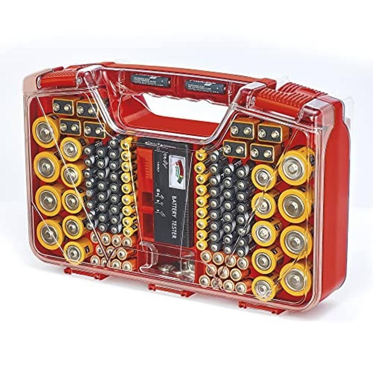 Red battery storage case with clear front window, assorted batteries in compartments