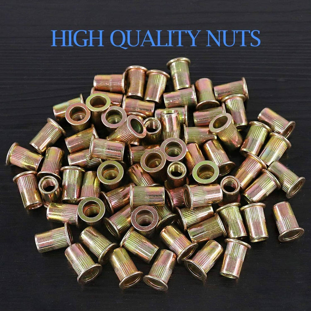 Zinc-plated flat-head rivet nuts, round open ends, threaded steel inserts